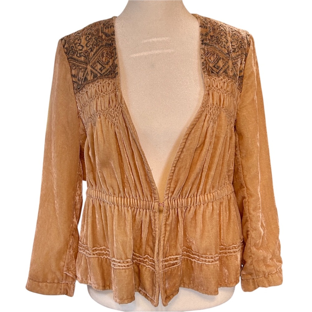 Anthropologie Elevenses Cream Velvet Embroidered 3/4 Sleeve Lined Blazer, Size 6